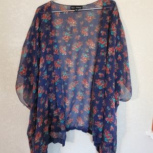 Mason + Mackenzie Sheer Dark Navy Floral Kimono with Lace Trim